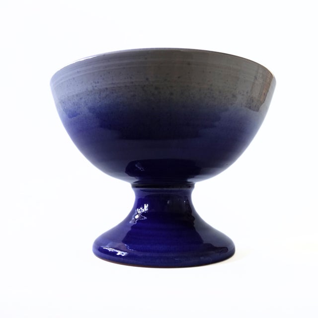 Large Handmade Blue and White Ceramic Bowl on Foot, Sweden For Sale - Image 4 of 5