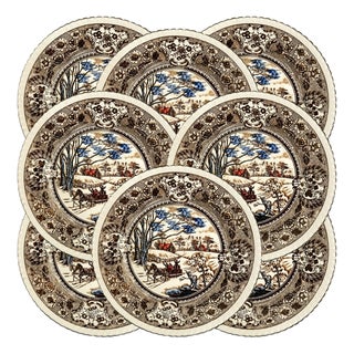 Vintage Chase Import Currier & Ives Style Winter Sleigh Ride Ironstone Dinner Plates - Set of 8 For Sale