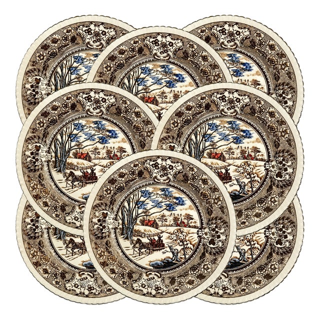 Vintage Chase Import Currier & Ives Style Winter Sleigh Ride Ironstone Dinner Plates - Set of 8 For Sale