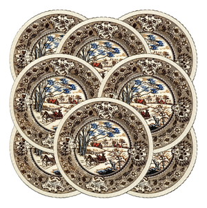 Vintage Chase Import Currier & Ives Style Winter Sleigh Ride Ironstone Dinner Plates - Set of 8