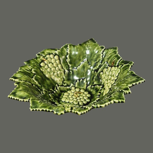 Contemporary Vintage Portuguese Majolica Pottery Serving Bowl Platter Grape Leaves Grapes For Sale - Image 3 of 8