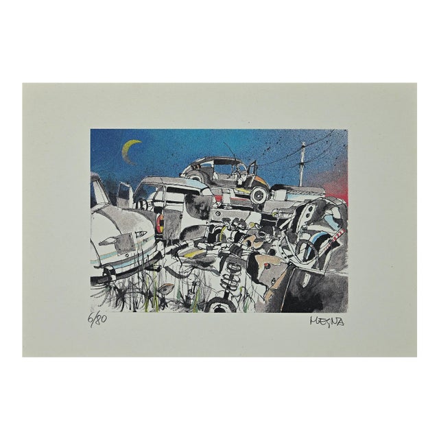 Giuseppe Megna, Scrap Cars, Original Lithograph, 1970 For Sale