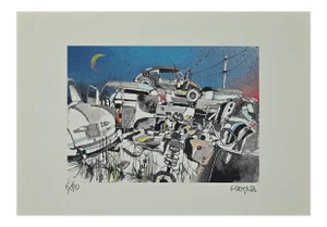 Giuseppe Megna, Scrap Cars, Original Lithograph, 1970