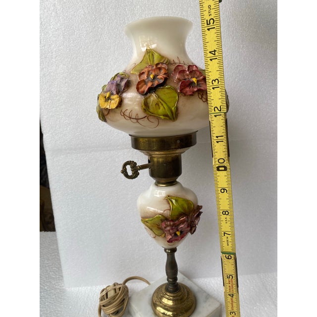 Victorian Vintage Victorian Hurricane Opaque 3d Table Lamp - "Gone With the Wind" Featuring Raised, Hand-Painted Floral Motifs on Milk Glass a Marble Base For Sale - Image 3 of 10
