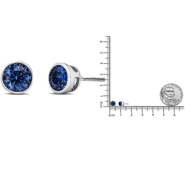 Early 21st Century 14K White Gold 1.0 Cttw Blue Lab Grown Diamond Screw-Back Classic Bezel Solitaire Stud Earrings (Blue Color, VS2-SI1 Clarity) For Sale - Image 5 of 5