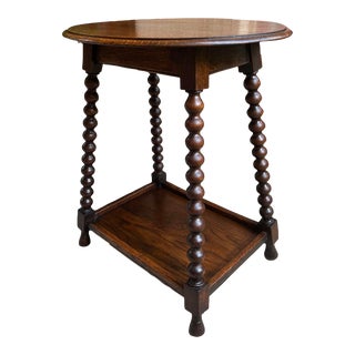 Antique English Oval Side End Table Bobbin Leg Tiger Oak Two Tier Lamp Table For Sale