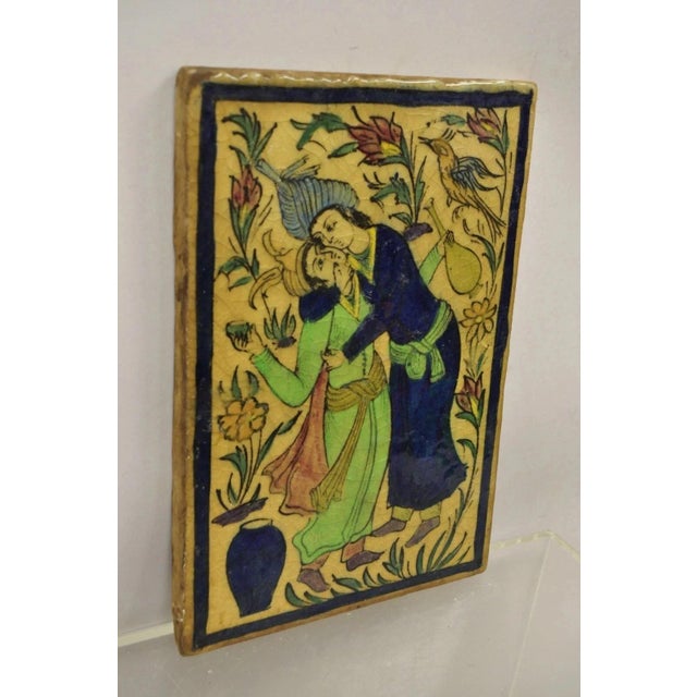 Antique Persian Iznik Qajar Style Ceramic Pottery Tile Blue Man Woman Kissing C2 For Sale - Image 10 of 10
