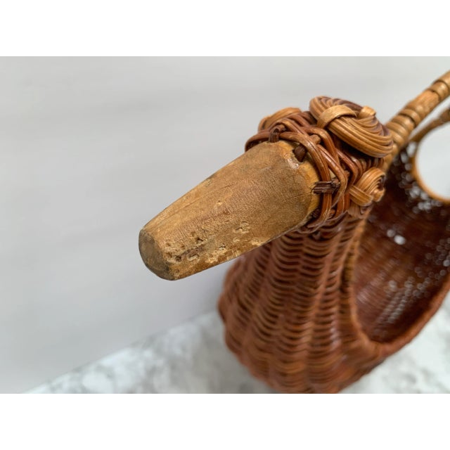 Midcentury Asian Wood Wicker Duck Basket For Sale - Image 4 of 9