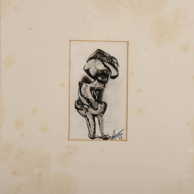 This Framed Signed J. Akston "Untitled, 1963" Acrylic on Paper Painting is a compact yet striking work rendered in bold...