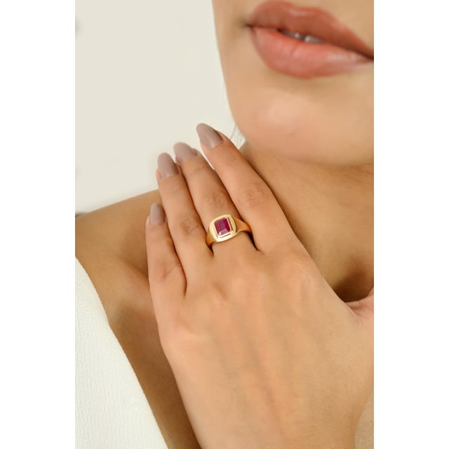 Metal 14k Gold Signet Ring With Bezel Set Ruby Gemstone Size 7 For Sale - Image 7 of 11