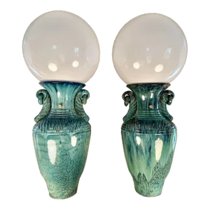 Pair of Contemporary Large Turquoise Blue Drip Glaze Art Pottery Globe Table Lamps