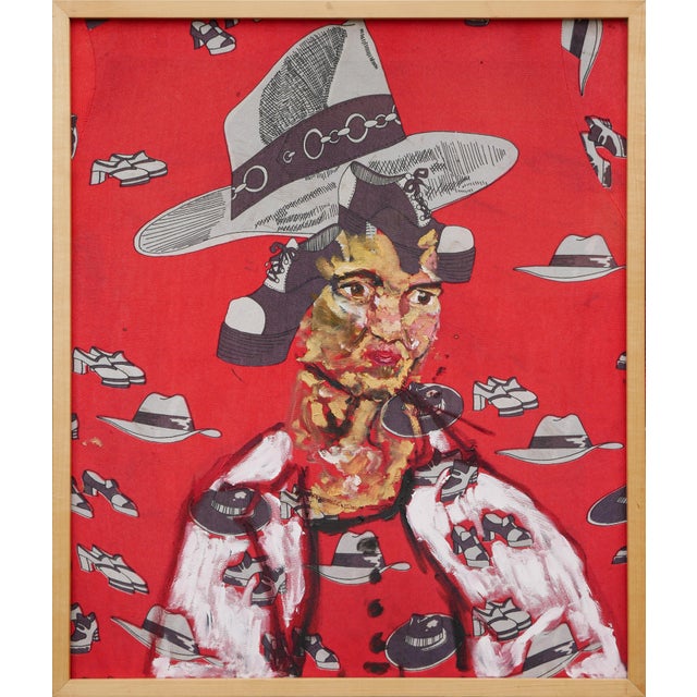 Red, gray, and white abstract figurative mixed media painting by Houston, TX artist Jim Pirtle. The work depicts a figure...