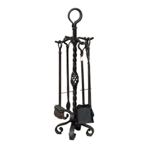 Antique Wrought Iron Fireplace Tool Set With Stand