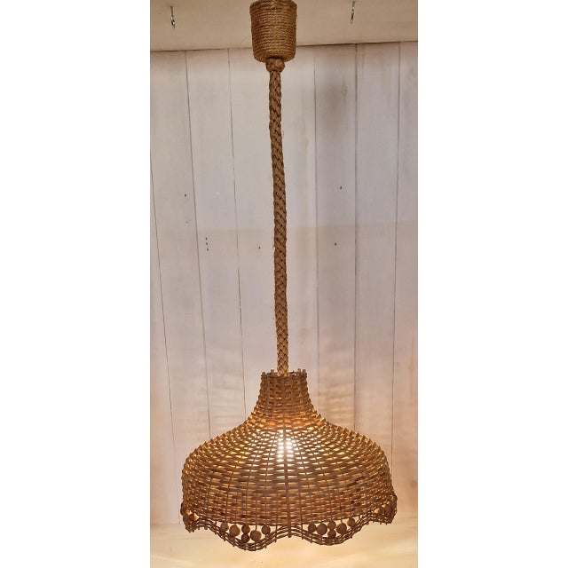 Tan Vintage Ceiling Lamp with Wicker Shade and Inner Relief Glass Shade on Rope Mount, 1970s For Sale - Image 8 of 8