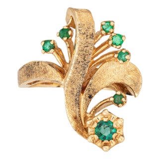 60s Vintage Emerald Scroll Ring Sz 6 14k Gold Band Cocktail Fine Jewelry For Sale