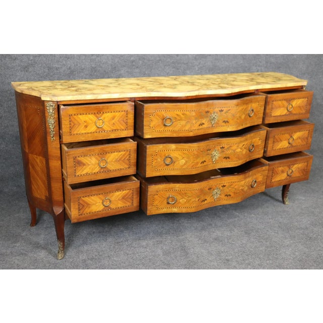1930s Special Faux Paint Decorated Marble Top Inlaid French Louis XV Wide Dresser 1930 For Sale - Image 5 of 11