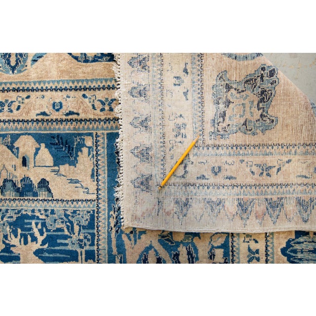 1900s Antique Navy Tan Distressed Indo Kashan Botanical Animal Allover Design Hand-Knotted Wool Low Pile Rug - 9’8“ X 12’ For Sale - Image 12 of 12