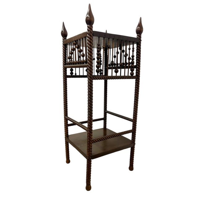 Vintage Barley Twist Wood Plant Stand / Side Table With Turned Spindle Gallery and Finials For Sale In Seattle - Image 6 of 10