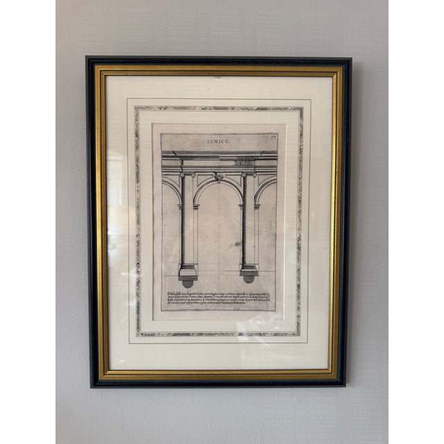 A striking pair of antique architectural engravings illustrating two of the classical column orders: Ionic (“Ionico”) and...