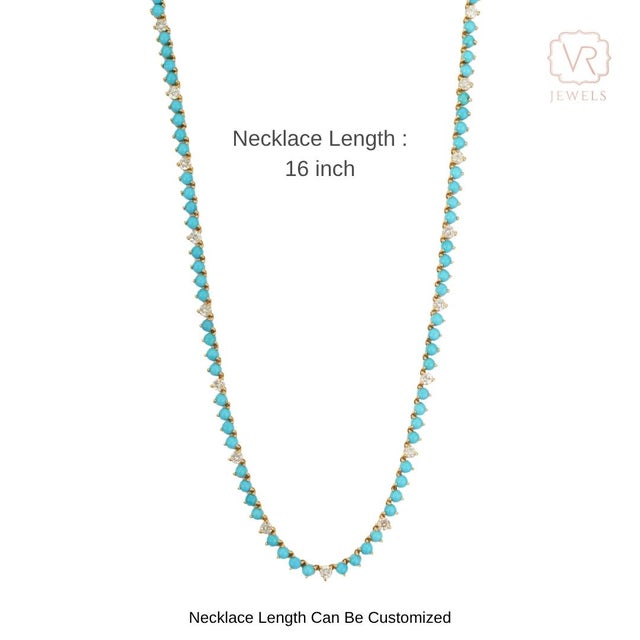 18k Yellow Gold 13.8ct Round Sleeping Beauty Turquoise & Diamond Tennis Necklace For Sale - Image 12 of 17