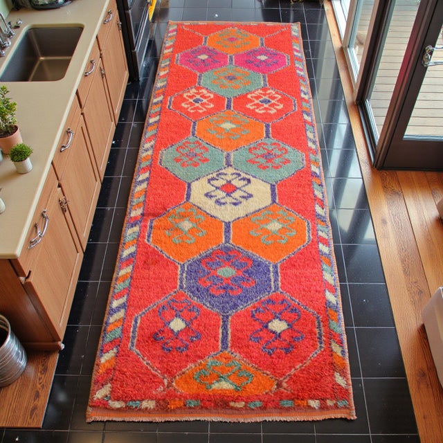 Mid-Century Modern Heterodox Kurdish Runner Herki Rug. Hand-Knotted Colorful Tribal Short Runner - 3′6″ × 10′4″ For Sale - Image 3 of 16