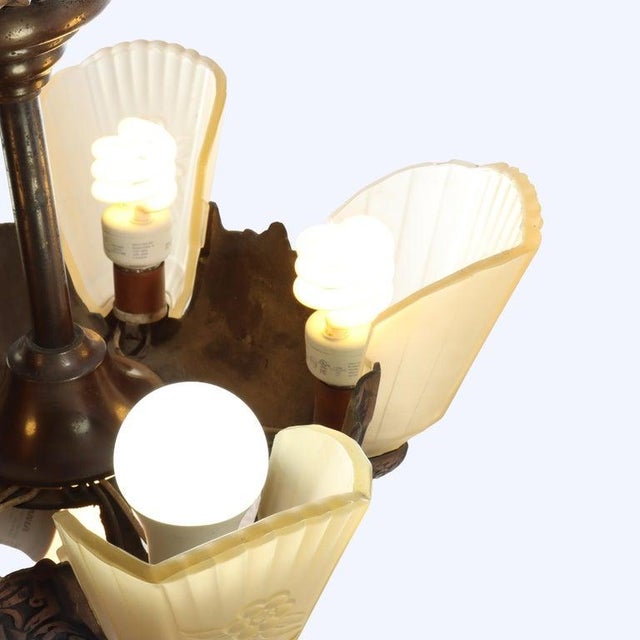 1920s Art Deco 5-Light Bronze Finish Hanging Lamp With Stylized Fans C1920 For Sale - Image 13 of 14