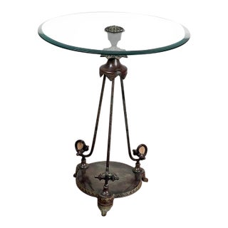 Vintage Verdigris Bronze Neoclassical Style Glass End Table For Sale
