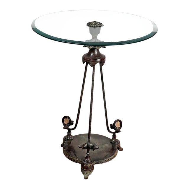 Vintage Verdigris Bronze Neoclassical Style Glass End Table For Sale