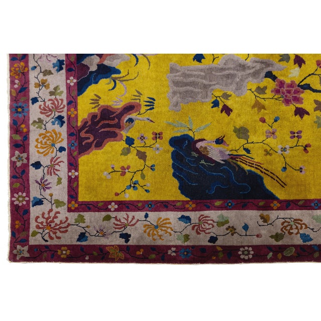 Antique Chinese Art Deco "Peking" Gold Wool Area Rug Garden Motif (1920s) For Sale - Image 9 of 12