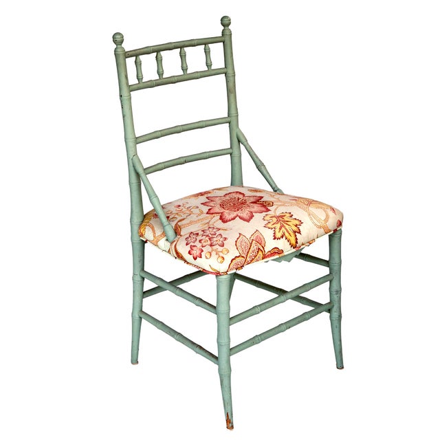 A Super Charming Vintage Pale Blue Painted Bamboo Chair with Upholstered Floral Seat. 36H, 19W, 19D Seat 19H