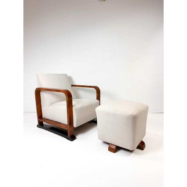 Swedish Art Deco Chair and Ottoman. 1930's. Bentwood chair veneered in figural Burl wood veneer. More recently...