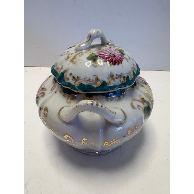 Antique European Hand-Painted Porcelain Covered Sugar Bowl With Floral Gilt, C. 1900 For Sale - Image 9 of 9