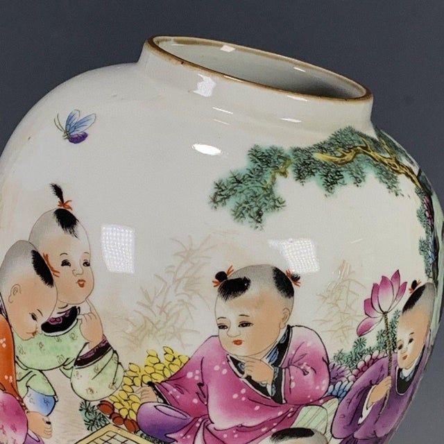 Paint Vintage Chinese Famille Rose "Boys Playing Go" Jar With Poem, Tongzhi Mark For Sale - Image 7 of 9
