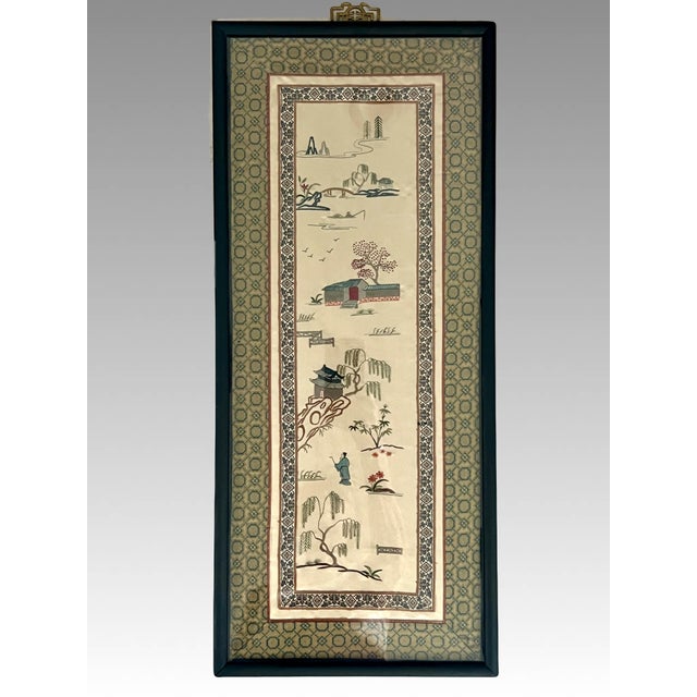 Chinoiserie MId Century Chinese Hand Embroidered Silk on Gold Silk Figural & Landscaped Framed Wall Hangings / Panels, a Pair For Sale - Image 3 of 8