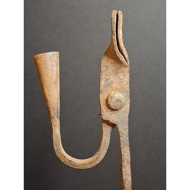 Antique Wrought Iron Rushlight Holder Candle Socket Wood Base Richard Morgan For Sale - Image 10 of 17