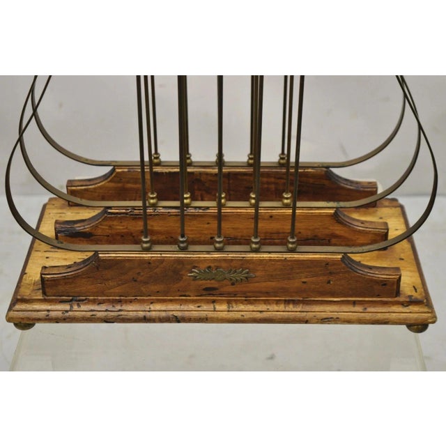 Vintage Italian Neoclassical Style Brass Lyre Harp Wooden Magazine Rack Stand For Sale - Image 4 of 10