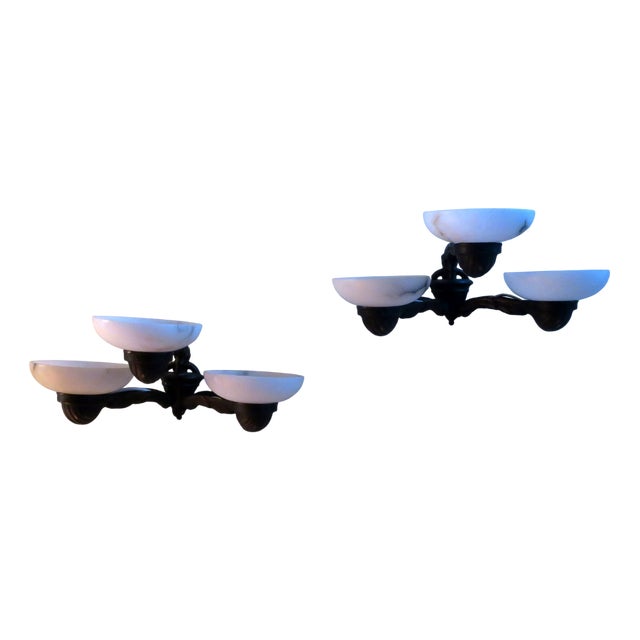 Antique Bronze and Alabaster 3-Arm Wall Lights, Set of 2 For Sale