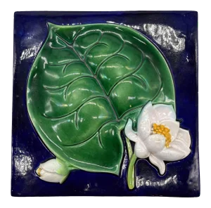 George Jones Majolica Trompe l'Oeil Waterlily Tile, Cobalt Ground, Ca. 1880