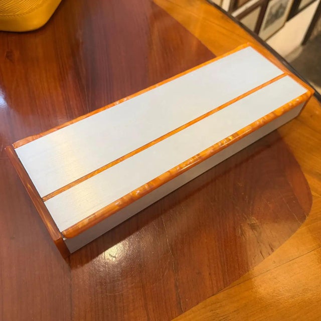 Silver 1970s Mid-Century Modern Aluminum, Faux Tortoiseshell Lucite Italian Jewelry Box For Sale - Image 8 of 12