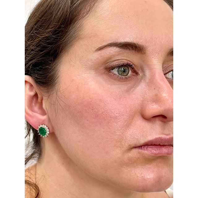 2010s 4 Ct Oval Shape Emerald & 1.5 Ct Diamond Post Back Earrings 14 Karat Yellow Gold For Sale - Image 5 of 18
