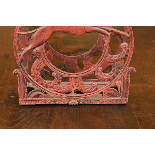 Early 20th Century English 1930s Red Painted Metal Magazine Rack with Medallions and Greyhounds For Sale - Image 5 of 11