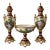French Style Burgundy & White Porcelain Garniture Set With Two Covered Vases and Central Jardinière – Gold Leaf & Bronze For Sale