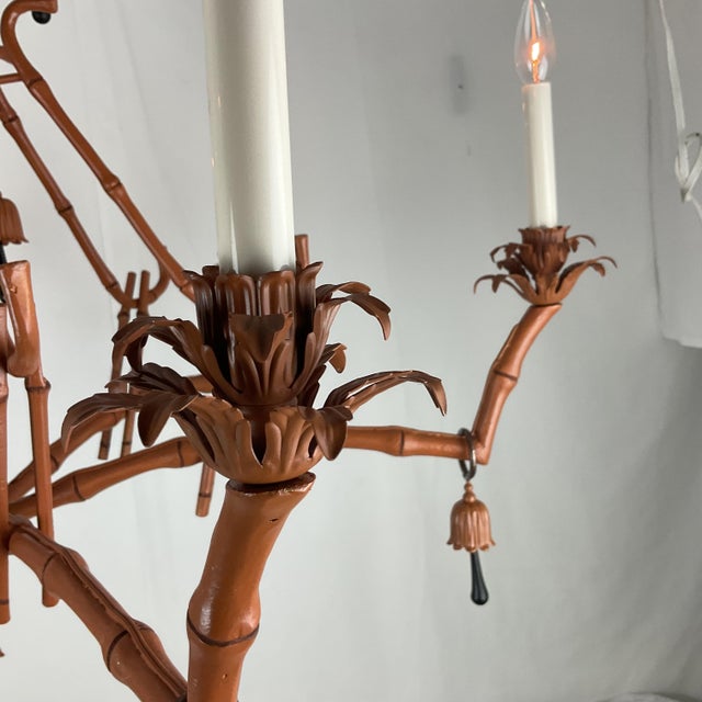 1960s Whimsical Chinoiserie Faux Bamboo Monkey Chandelier With Black Teardrop Accents For Sale - Image 4 of 16