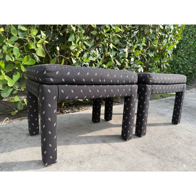 Vintage Parsons Style Black Upholstered Ottomans With Geometric Dash Fabric, a Pair For Sale - Image 4 of 11