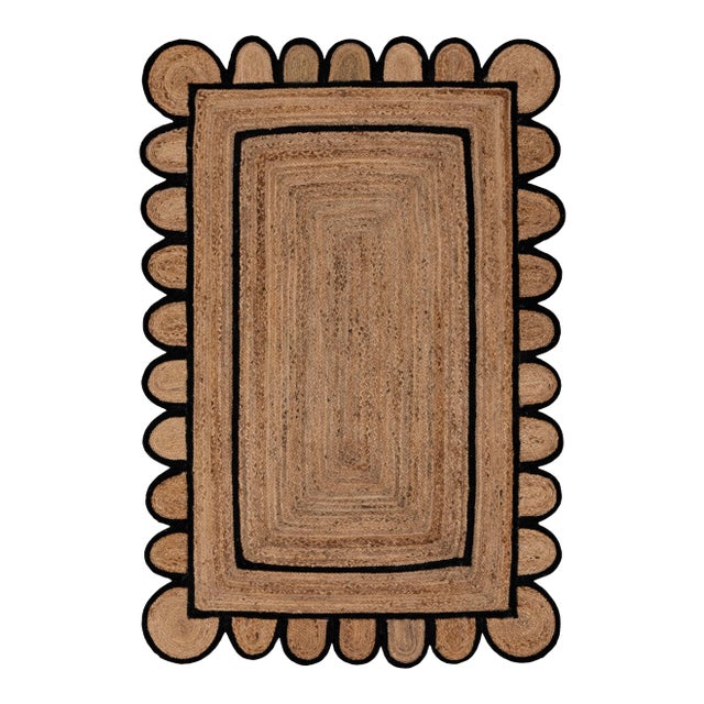 3'x5' Black Trim Jute Scallop Braided Handmade Rug For Sale