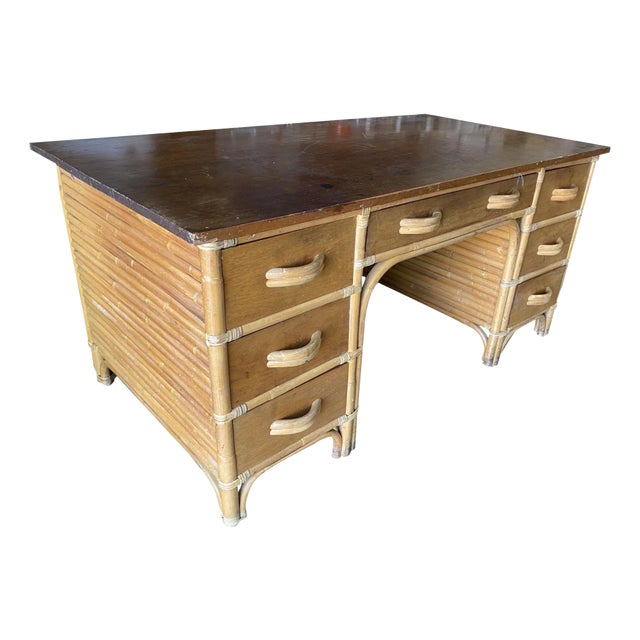 1940s Restored Mid-Century Stacked Rattan Executive Desk W/ Solid Mahogany Top For Sale