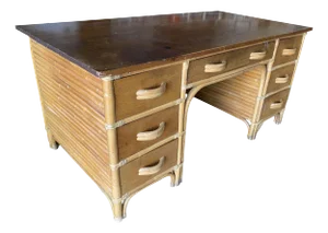 1940s Restored Mid-Century Stacked Rattan Executive Desk W/ Solid Mahogany Top