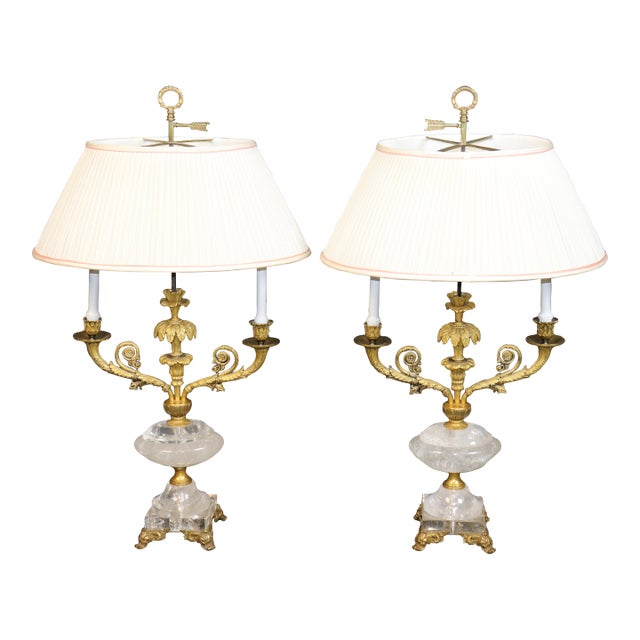 Pair French Louis XV Style Bronze Ormolu & Rock Crystal Lamps For Sale