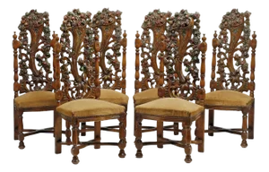 Late 20th Century Spanish Revival, Carved, Polychrome, Cornucopia 54.5”, Dining Chairs, Set of Six!