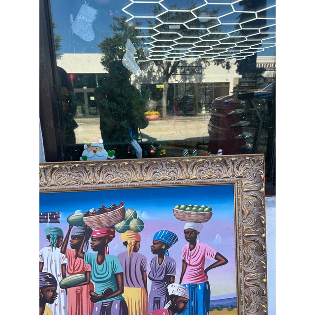 Striking Boho Chic mid-century folk art Haitian acrylic painting on canvas of women with baskets. Signed Earl T and...